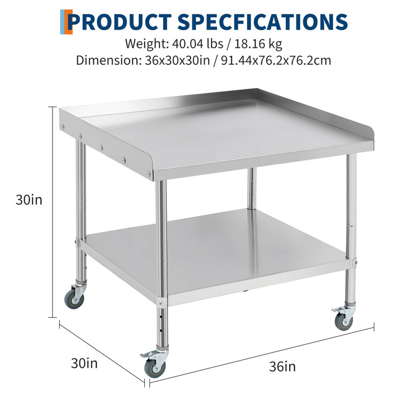 Table de préparation 36 po x 30 po en acier inoxydable avec roulettes verrouillables, chariot utilitaire à hauteur réglable pour cuisine commerciale