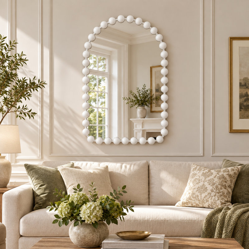 Marlowe 24X36 Arch Beaded Wall Mirror, 35.83" H x 24" W, White, Arch