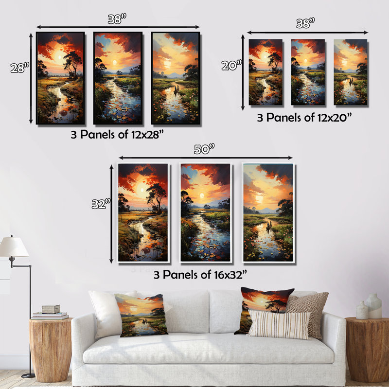 «Vietnam River Delta Sunset», 3 pièces sur toile, Toile tendue, H 28 po x l 36 po