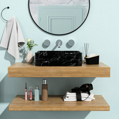 Modern Elegant Ceramic Bathroom Sink - 19"X15", Black And Gray Marble Pattern, Smooth Vessel Theme