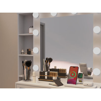 Bureau de coiffeuse avec miroir et lumières, coiffeuse avec plateau en verre et tiroirs et tabouret rembourré, coiffeuse avec tiroirs, table de maquillage pour femme (plateau en verre blanc)