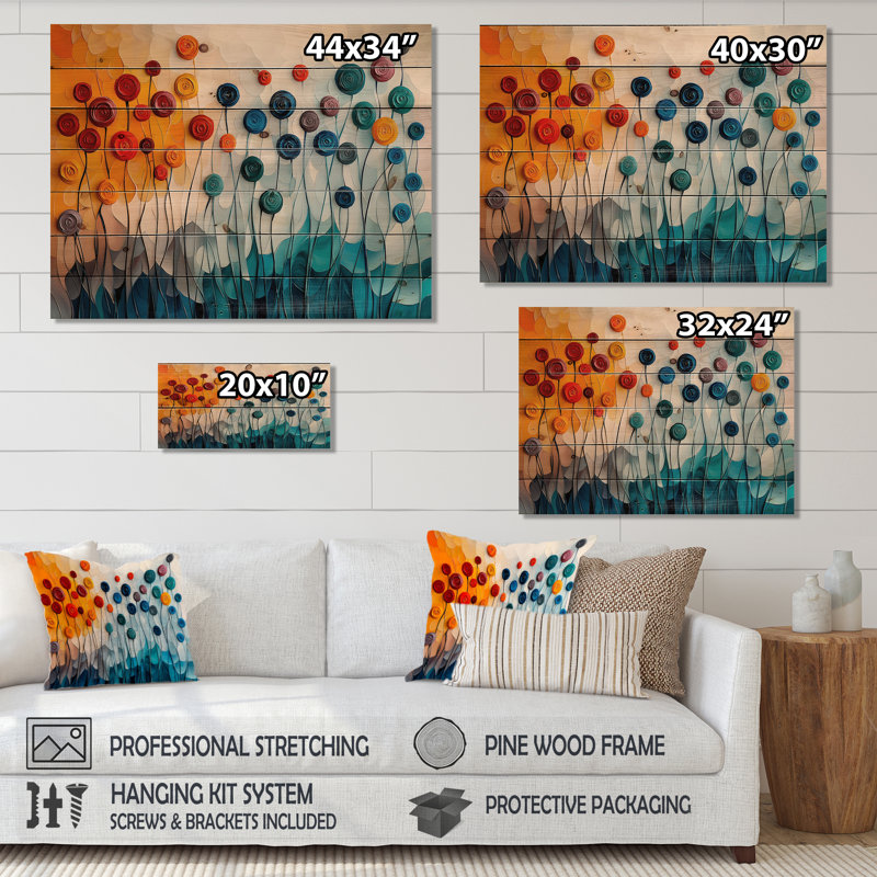 Fantasy Field Of Ranunculus Flowers IV - Ranunculus Wood Wall Art - On Natural Pine Wood, 30" H x 40" W x 0.78" D