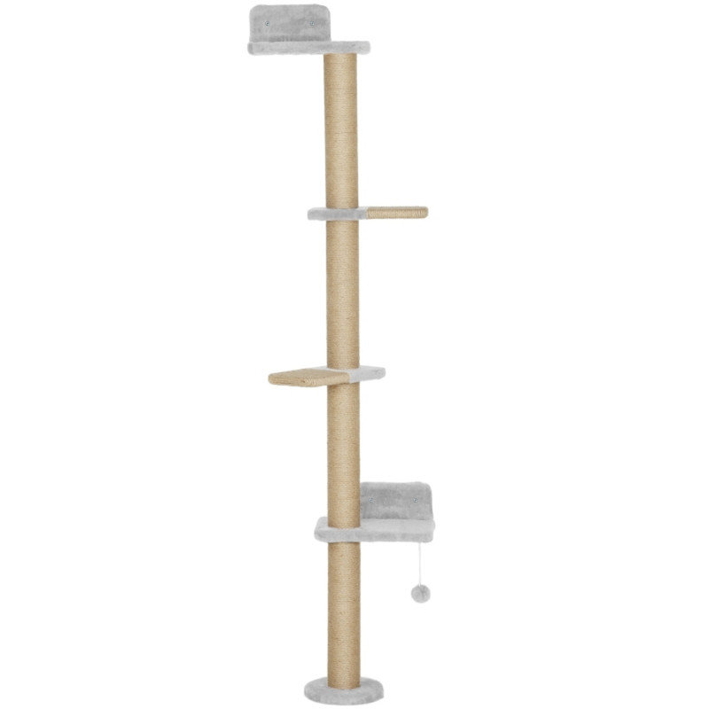180cm Tall Light Grey Wall Mounted Cat Shelves, Cat Climbing Wall with 4 Platforms, Jute Scratching Post & Toy Ball