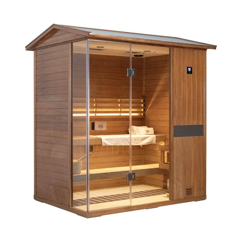 Samsora Outdoor Traditional Steam Sauna For 3-Person 3800W, Negative Ion Board, Mid-Infrared Lamp, 95℉-230℉, Mahogany Wood, Bluetooth Speaker, with Sauna Heater and Sauna Stone