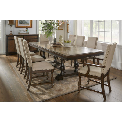 Table de salle à manger 9 pièces avec rallonge 2 fauteuils 6 chaises d'appoint rembourrées en tissu garniture cloutée mobilier de salle à manger classique