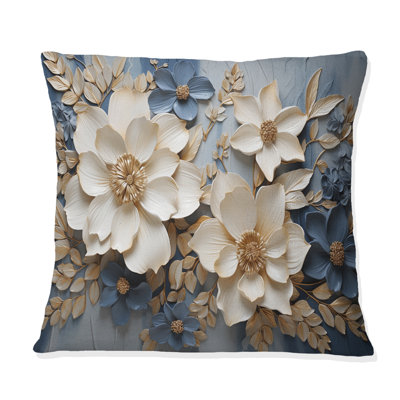 Beige And Blue Seasonal Flowers Composition - Seasonal Flowers Printed Throw Pillow