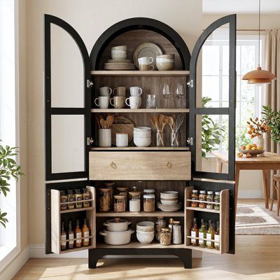 71" Tall Arched Farmhouse Kitchen Pantry Cabinet - Glass Door, Adjustable Shelves & Hidden Drawer