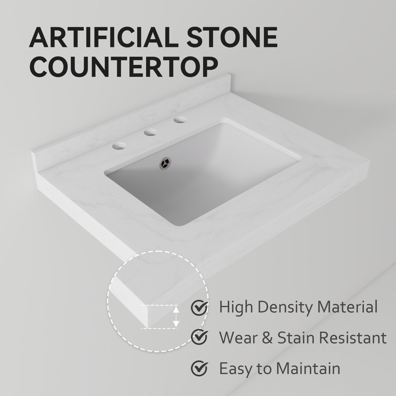 24" x 18.3" Carrara White Artificial Marble Bathroom Vanity Top with Integrated Sink with 3-Hole Faucet Configuration, Top Only