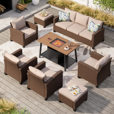 9 - Person Outdoor Wicker Patio Conversation Furniture Set With Fire Pit Table