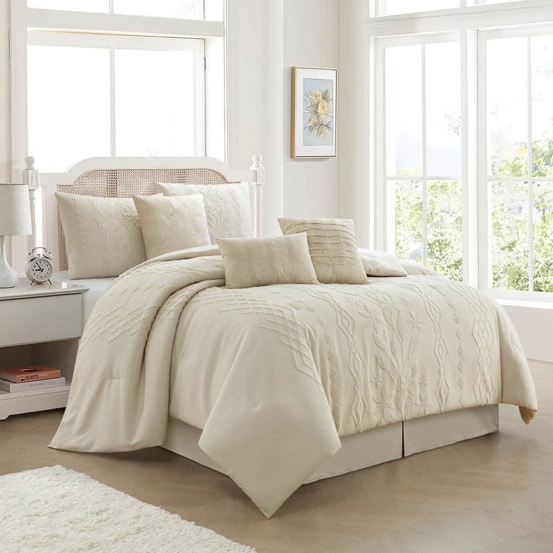 Amalthea 7 Piece Botanical Comforter Set, Beige, California King Comforter + 6 Additional Pieces