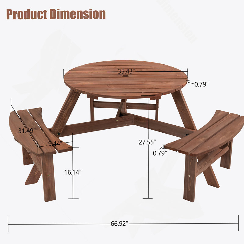6-Person Circular Outdoor Wooden Picnic Table For Patio, Backyard, Garden, Built-In Benches, Brown