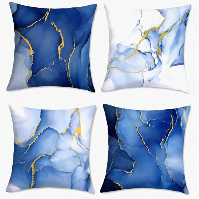 Abstract Blue Velvet Pillow Covers - Set of 4 - Modern Decorative Cushion Cases for Couch Sofa Bed - Soft Marble Home Decor