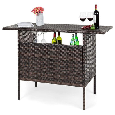 Outdoor Wicker Bar Counter Table with 2 Steel Shelves and Strong steel frame, Lightweight Table- Brown