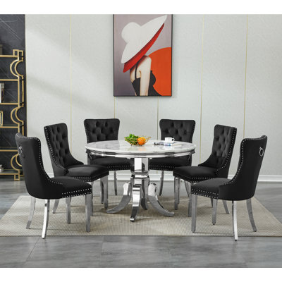 44.88" Round Dining Table Set for , Kitchen Table with Faux Marble Top, Dining Room Table & Velvet Chairs with Stainless Steel Pedestal, Piece Dining Table Set