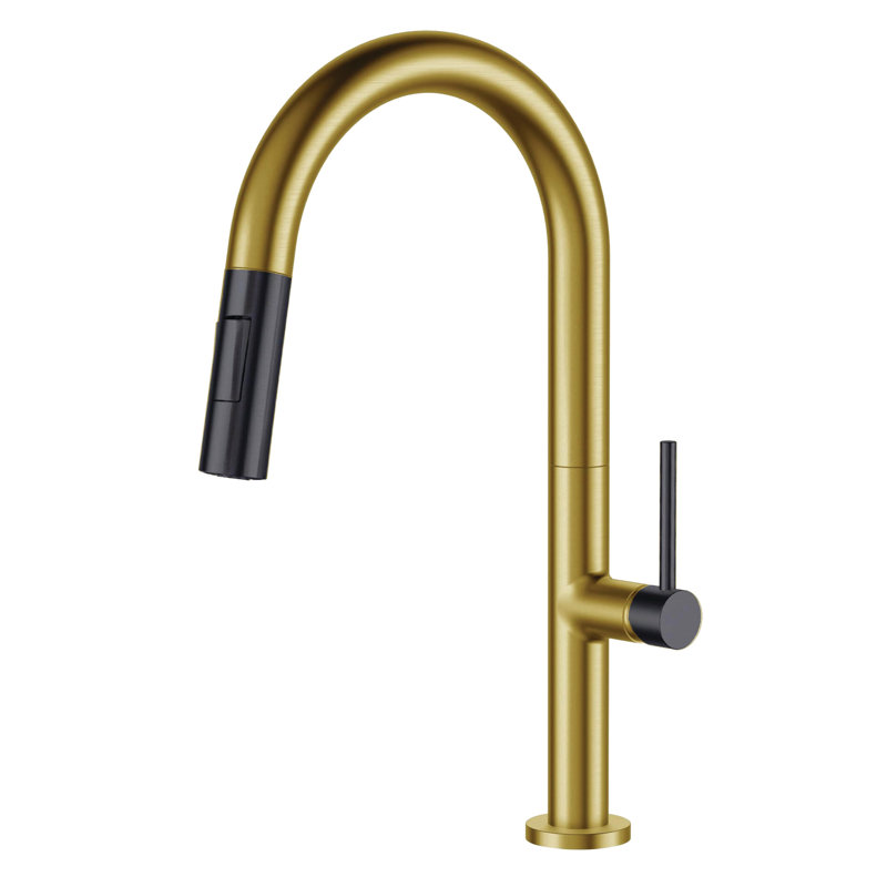 Pull Down Single Handle Kitchen Faucet with Accessories, Satin Brass/Gun Black