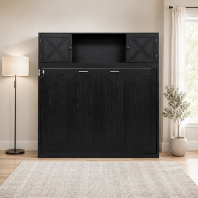 Black full size murphy wall bed with integrated overhead storage cabinet vertical folding hidden space saving bedroom furniture