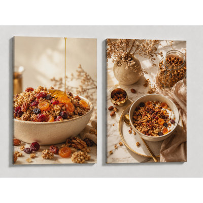 Très grand ensemble de 2 petits déjeuners muraux Granola, toile de cuisine au miel miel, cuisine moderne, salle à manger ferme, nourriture saine, impression sur toile 24 x 36 pouces - prête à être accrochée