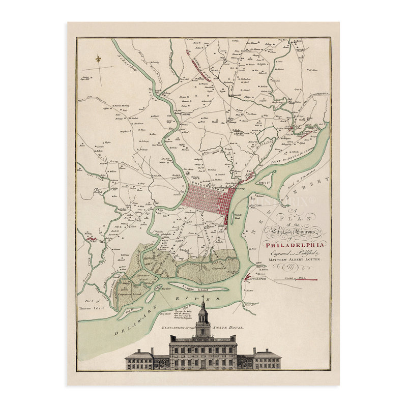1777, Philadelphie, Pennsylvanie, carte, affiche, art mural, H 24 po x l 18 po x P 0,1 po