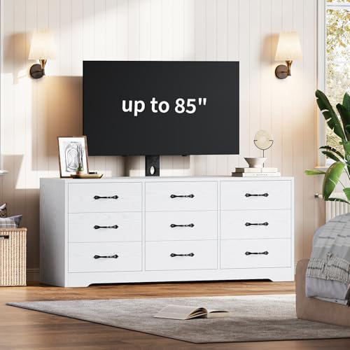 Meuble télé moderne avec support mural, centre multimédia de 55 pouces avec 9 tiroirs, console multimédia à hauteur réglable pour téléviseurs jusqu'à 85 pouces.