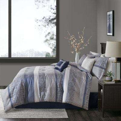 Très grande literie bleu marine - 7 pièces de luxe avec coussins décoratifs plissés, lavable à la machine, rayé, brodé,