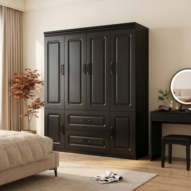 Armoire-penderie noire à 4 portes avec tiroirs et tringle, armoire de rangement moderne pour chambre à coucher