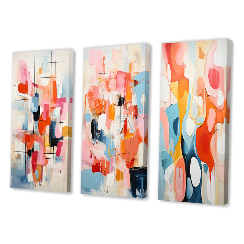 «Pink Beige Mid Century Atomic Abstraction», 3 pièces sur toile, Toile tendue, H 20 po x l 36 po