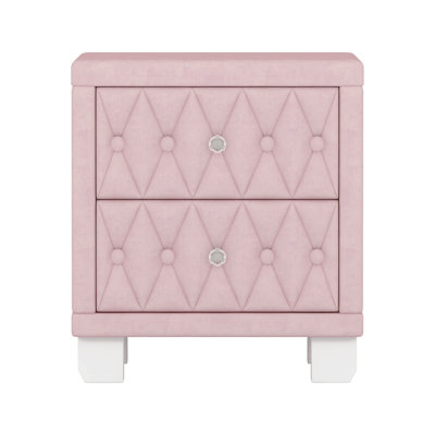 Velvet Nightstand with 2 Drawers, Tufted Upholstered Bedside Table with Crystal Knobs, Glam Bedroom End Table with Storage, Modern Accent Nightstand with Wood Frame