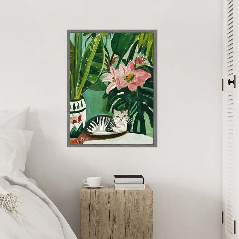 «Tropical Muse With Cat» par Keyshanna, reproduction d'art sur toile encadrée, H 30 po x l 23 po