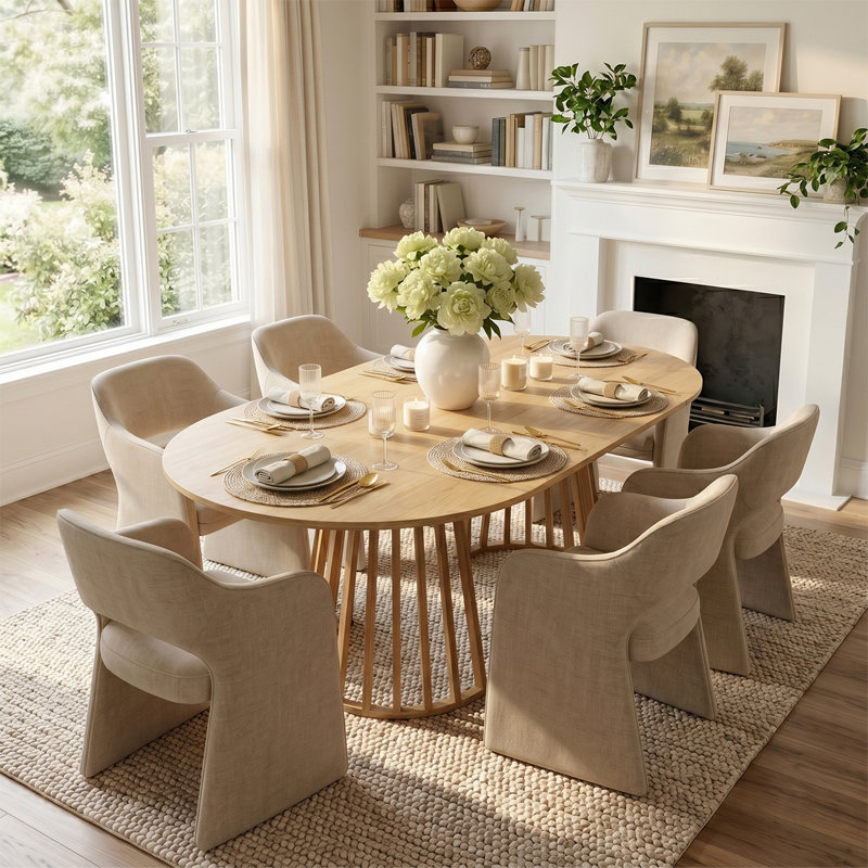 6- Person Dining Table Sets With Extendabe Oval Table & 6 Upholstered Fabric Dining Chairs, Khaki