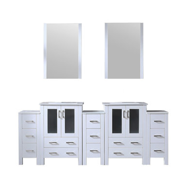 Meuble-lavabo double blanc 84 po X P 18,25 po D, avec armoires latérales, plateau en céramique blanche et Miroirs