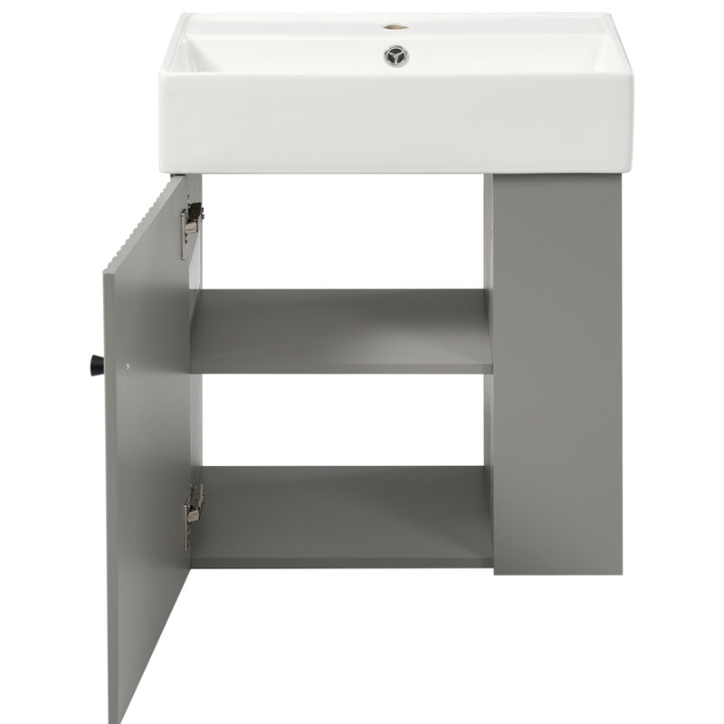 Armoire de salle de bain flottante de 21,6 pouces avec lavabo en céramique, trou de trop-plein, rangement à droite, tablettes ouvertes pour meuble-lavabo gris, portes simples à fermeture en douceur pour une utilisation silencieuse