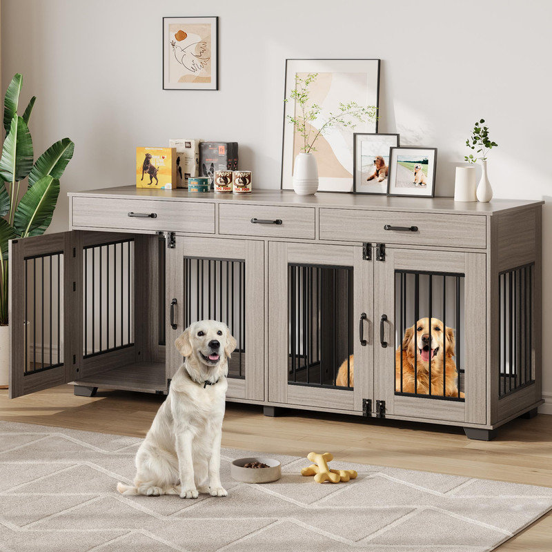 Meuble de 71 po pour 2 chiens, cage intérieure en bois avec cloison, meuble télé et table de bout, Gris