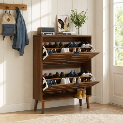 Mid-Century Modern Shoe Cabinet with 2 Flip Drawers, Freestanding Walnut Shoe Storage Cabinet with Adjustable Shelves for Entryway & Hallway