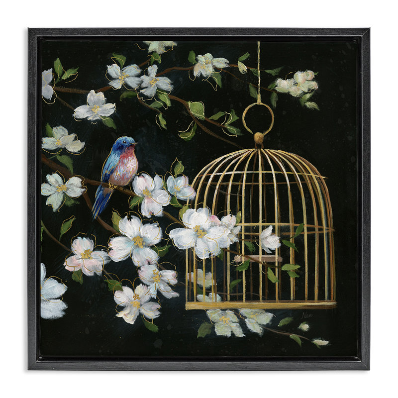 «Night Song Birdcage» sur cadre flottant noir, design par Nan, Cadre flottant noir de jais, H 18 po x l 18 po