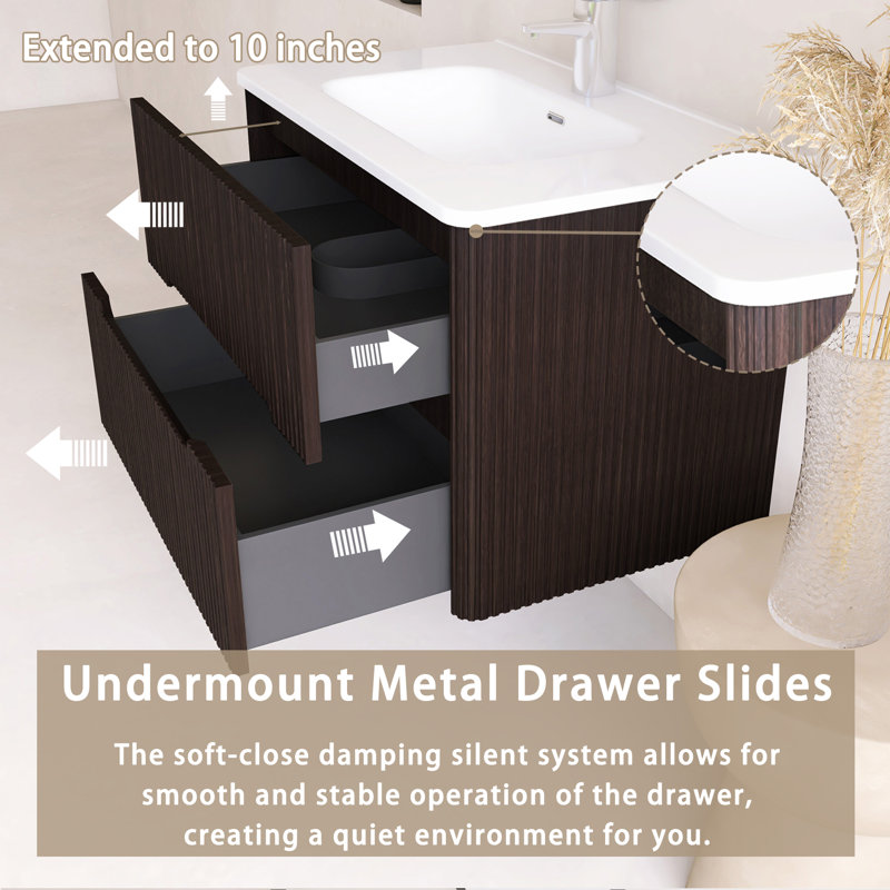 30“ Wall-Mounted Bathroom Vanity Set With Ceramic Integrated Top, Dark Brown
