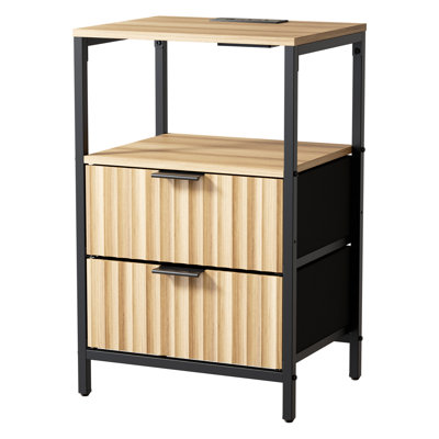 15 Inches Wide Nightstand - 2 Drawers, 1 Shelf, US Power Outlet