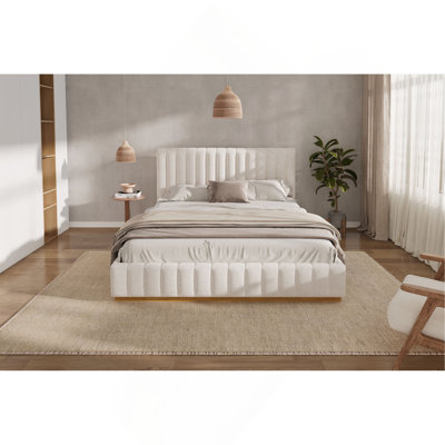 Bed Frame With Linen Upholstered Thick Headboard, Solid Wooden Base