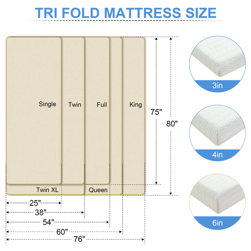 6 Inch Tri-Fold Memory Foam Mattresses with Storage Bag &Washable Cover for Murphy Bed, Full