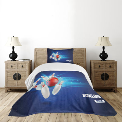 Ambesonne Bowling Bedspread Set Strike Red Ball Pins Red Aqua Blue -  bed_38154_twin