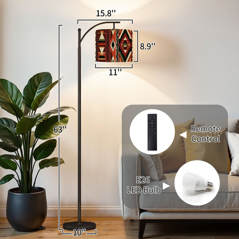 Arc Floor Lamp with Adjustable Lampshade Native american Southwest design Aztec Navajo design indian ornament Standing Lamp 3 Color Temperatures Dimmable Tall Pole Lamp with Foot Switch for Bedroom