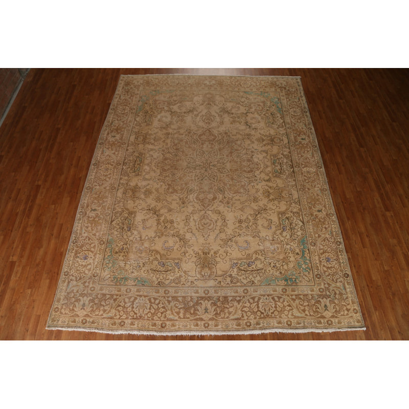 Tapis brun / vert en laine noué à la main de conception unique 9 pi 10 po x 12 pi 8 po années 1970 Loxley