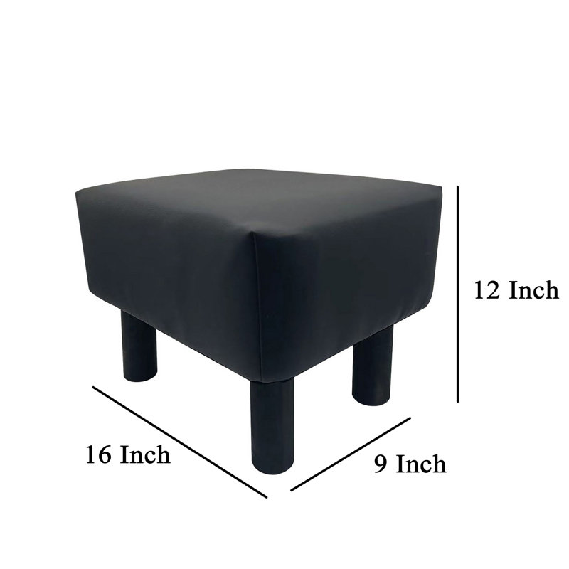 Ginni Footstool Ottoman Set Of 2, Black Faux Leather, Soft Seat, Wood Legs