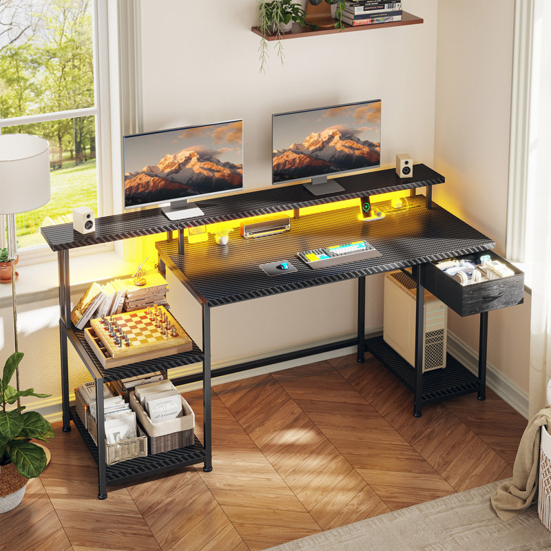 55"W Home Office Computer Desk With Drawers & Printer Shelf,Gaming Desk With Monitor Stand & LED Lights,Writing Desk With Power Outlets