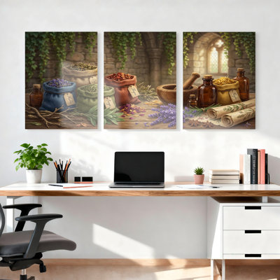 «Herbal Apothecary Garden», ensemble de 3 reproductions d'art sur toile tendues sur toile pour salon, chambre à coucher ou bureau