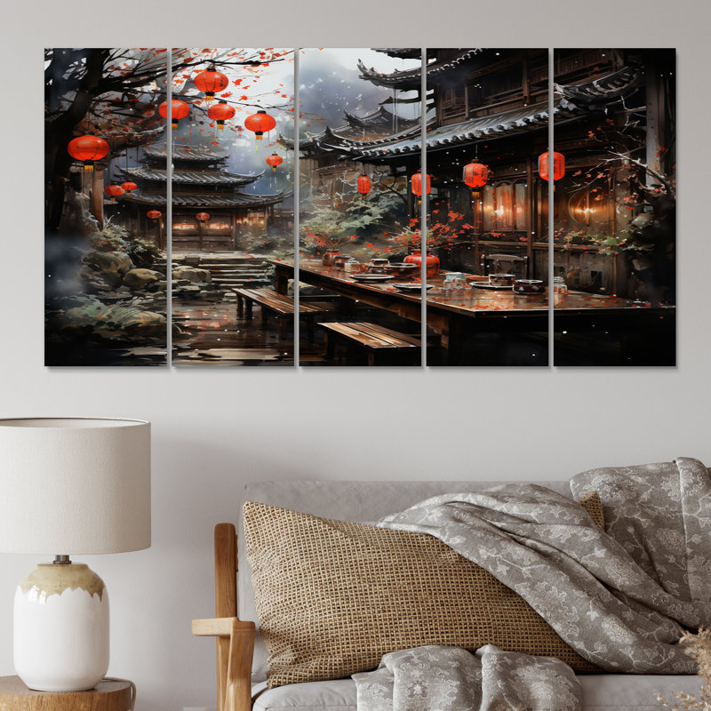 «China Art Red Lantern I», reproduction d'art mural chinois - 5 panneaux égaux