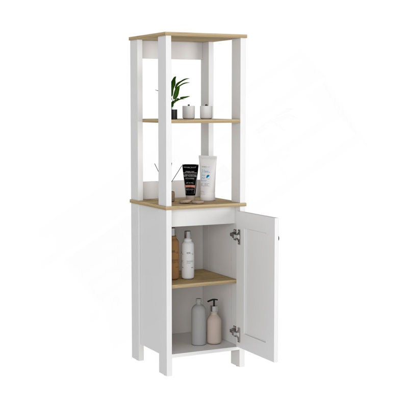 Armoire à linge, deux tablettes intérieures, deux tablettes ouvertes, une porte, Blanc