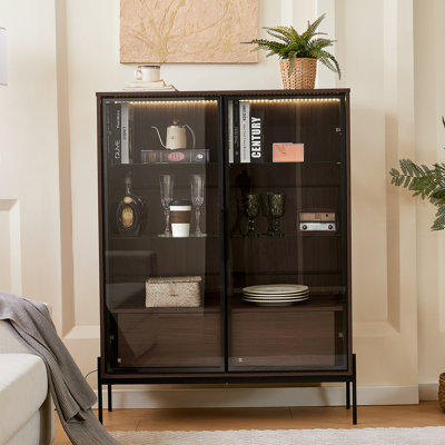 51.2'' Tall Lighted Display Cabinet With Tempered Glass Door, Metal Legs, LED Curio Cabinet, Modern Minimalist Style, For Living Room, Office, Study, Walnut