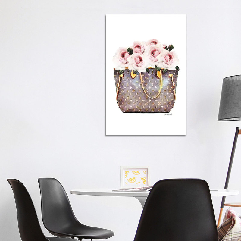 Brown Bag Filled With Blush Roses by Amanda Greenwood - Painting on Canvas, 20.32 cm H x 30.48 cm W, Wrapped Canvas