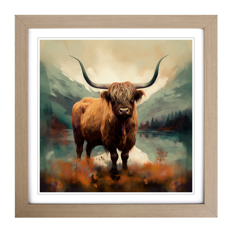 Highland Cow Surrealism No.1 - Single Picture Frame Print on Wood, Oak