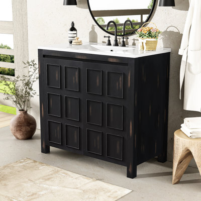 Meuble-lavabo de 36 pouces avec lavabo, look rétro, bois massif et fermeture en douceur, poignées cachées, fabrication artisanale, construction vieillie, espace de rangement généreux